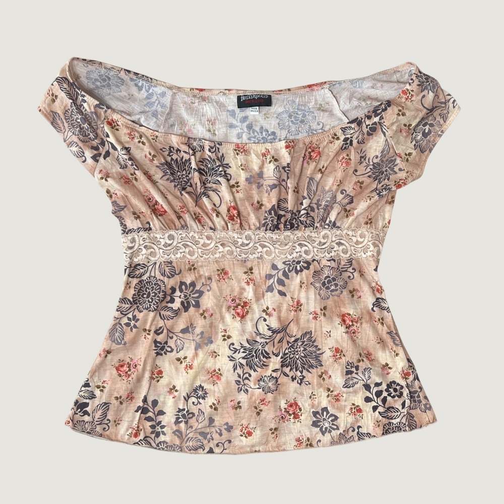 Y2K Off Shoulder Baby Doll Floral Top Lace Trim Tan Hot Tempered Size Large